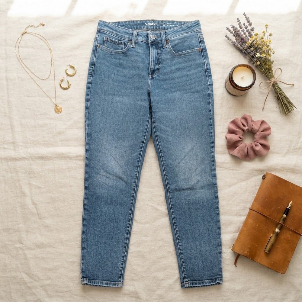 Old Navy OG Straight High Rise Jeans Womens 4 Petite Blue Medium Wash Stretch
